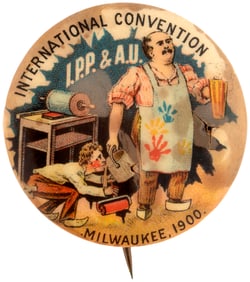 OUTSTANDING LABOR UNION CONVENTION CARTOON BUTTON RARITY FROM 1900 MILWAUKEE.