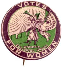 VOTES FOR WOMEN CLARION TRUMPETER 10 STAR SUFFRAGE BUTTON.