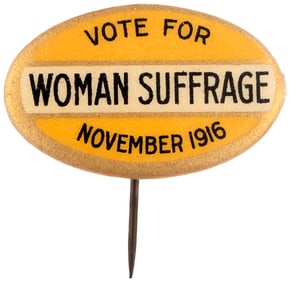 VOTE FOR WOMAN SUFFRAGE NOVEMBER 1916 OVAL BUTTON.