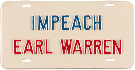 IMPEACH EARL WARREN LIKELY JOHN BIRCH SOCIETY LICENSE PLATE ATTACHMENT.