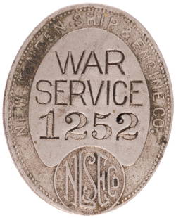 NEW LONDON SHIP & ENGINE CO. WAR SERVICE BADGE.: 1.75&#8221; w/tiny W&amp;H maker&#8217;s mark on back along w/extensive text warning of a 50-cent fee if badge is lost. This company was established in Groton CT. in 1910 as a subsidiary of Electric B