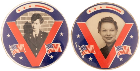 WOMEN IN WWII PAIR OF PERSONALIZED REAL PHOTO BUTTONS.