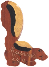MUSSOLINI IS A (SKUNK) REBUS CARTOON FIGURAL WOOD PIN.