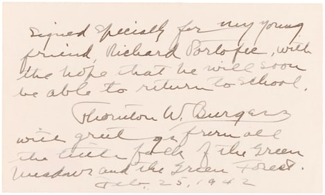 CHILDREN'S AUTHOR BURGESS W. THORNTON SIGNED CARD.