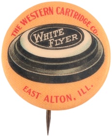 WESTERN CARTRIDGE CO. WHITE FLYER CLAY PIGEONS AD BUTTON.