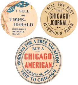 CHICAGO NEWSBOYS’ THREE BUTTONS WORN TO PROMOTE THE PAPERS THEY SOLD.