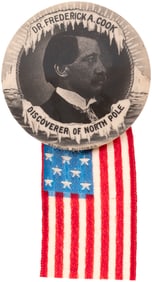 “DISCOVERER OF NORTH POLE DR. FREDERICK A. COOK” C. 1909 REAL PHOTO BUTTON FIRST SEEN.