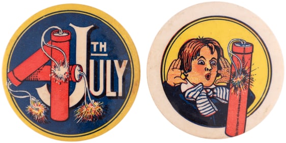 JULY 4TH FIRECRACKER BUTTONS PLUS 1905 PHILADELPHIA PRESS MAGAZINE.