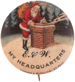 SANTA FULL FIGURE BY ROOFTOP CHIMNEY WITH SMOKE PLUME BUTTON.