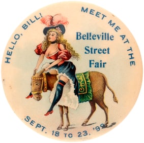 RISQUE LADY ON DONKEY HEADED TO “BELLEVILLE STREET FAIR” 1899 BUTTON.
