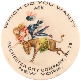 LARGEST VERSION OF RISQUE LADY GETTING THROWN FROM HER DONKEY C. 1899 BUTTON.