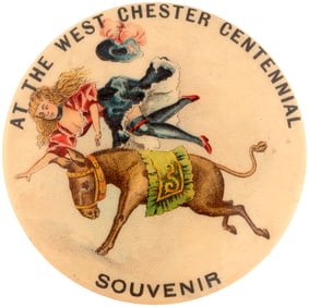 RISQUE LADY GETS THROWN FROM HER DONKEY 1899 CITY CENTENNIAL BUTTON.