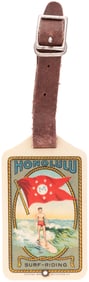 HONOLULU SURF-RIDING CELLO LUGGAGE TAG.