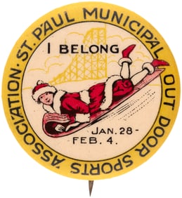 ST. PAUL WINTER SPORTS WOMAN ON SLED BUTTON.