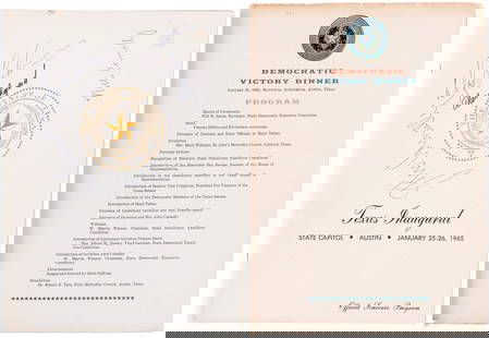 1965 "TEXAS INAUGURAL" MULTI-SIGNED SOUVENIR PROGRAM WITH GOVERNOR CONNALLY, ALAN SHEPARD & OTHERS.: 9x12" softcover program for Texas Governor John Connally's second inauguration, Jan. 25-26, 1965. Comes w/"Democratic Victory Dinner" program from Jan. 25 which shows obvious wear at top/bottom and ju