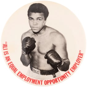 C. 1975 “ALI IS AN EQUAL OPPORTUNITY EMPLOYER" BUTTON (TEXT VARIETY).