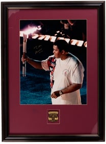 MUHAMMAD ALI SIGNED & FRAMED 1996 OLYMPIC DISPLAY.