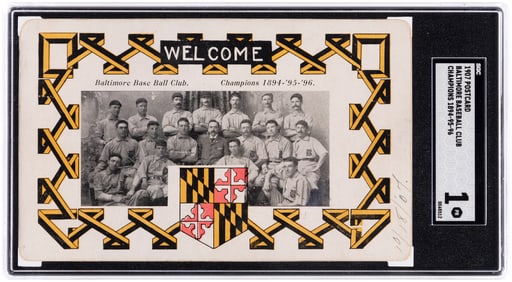 1907 BALTIMORE OROLES BASEBALL CLUB “CHAMPIONS 1894-95-96” TEAM POSTCARD W/SIX HOF’