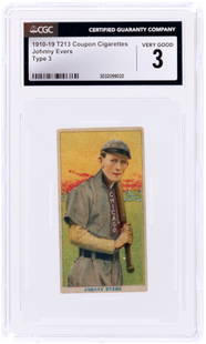 1919 T213 COUPON CIGARETTES TYPE 3 JOHNNY EVERS (HOF) CGC 3 VG.: 1-3/8x2-9/16&#8221;. Though using the same photos seen in the contemporary T206 tobacco issue, Coupon Cigarettes cards comprise three distinct sets produced between 1910 and 1919. Distribution was lim
