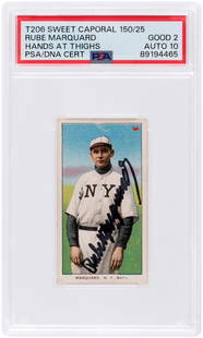 1909-11 T206 WHITE BORDERS RUBE MARQUARD (HOF) PSA/DNA 2 GOOD AUTOGRAPH 10.: 1-7/16x2-5/8". T206 is called "The Monster" for good reason. It's one of the most widely-collected sets of any era. T206 also contains the single most famous card in the hobby. While most cards are ea