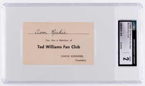 1950s TED WILLIAMS (HOF) & 1952 STAN MUSIAL (HOF) FAN CLUB MEMBERSHIP CARDS CGC 2 GOOD (BOTH ARE 1