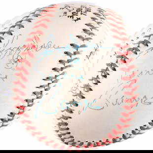 500 HOME RUN CLUB MULTI-SIGNED BASEBALL INCLUDING MANTLE/MAYS/AARON & OTHERS.: Rawlings Official NL (White) model ball signed by total of 10 members of baseball's 500 Home Run Club and MLB HOF in blue ink. Signatures include - Mickey Mantle (1931-1995), Willie Mays (1931-2024),