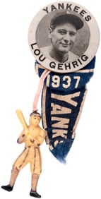 1937 LOU GEHRIG (HOF) NEW YORK YANKEES PM10 STADIUM BUTTON WITH ATTACHMENTS.