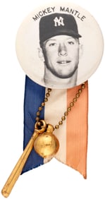 1950s MICKEY MANTLE (HOF) PM10 REAL PHOTO STADIUM BUTTON WITH ATTACHMENTS.