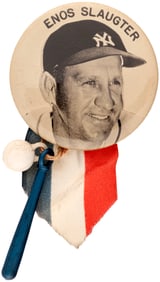 1950s ENOS SLAUGHTER (HOF) PM10 REAL PHOTO STADIUM BUTTON WITH ATTACHMENTS.