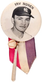 1950s IRV NOREN PM10 REAL PHOTO STADIUM BUTTON WITH ATTACHMENTS.