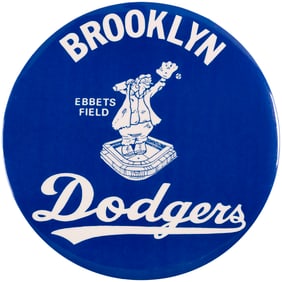 1950s BROOKLYN DODGERS/EBBETS FIELD HUGE AND RARE BUTTON WITH EASEL BACK.