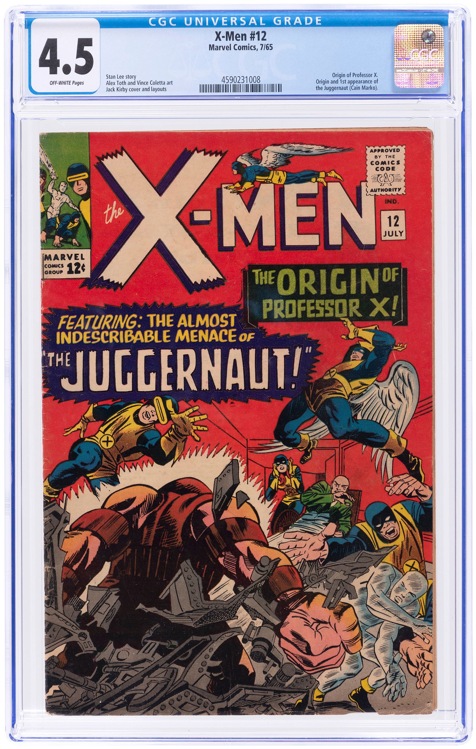 X-MEN #12 JULY 1965 CGC 4.5 VG+ (FIRST JUGGERNAUT).: Marvel. Origin of Professor X. Origin and first appearance of The Juggernaut (Cain Marko). Stan Lee story. Jack Kirby cover and layouts. Alex Toth and Vince Colletta art. Off-white pages. Key Silver A