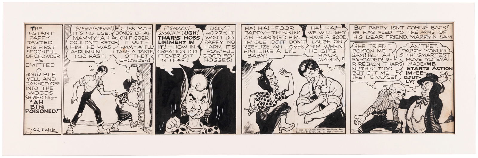 LI'L ABNER 1935 DAILY STRIP ORIGINAL ART BY AL CAPP.: 7x23" artboard has Al Capp’s pencil and ink original art for Sept. 13, 1935 daily strip. Strip features four panels in addition to introductory text panel, showing Abner returning home, lamentin