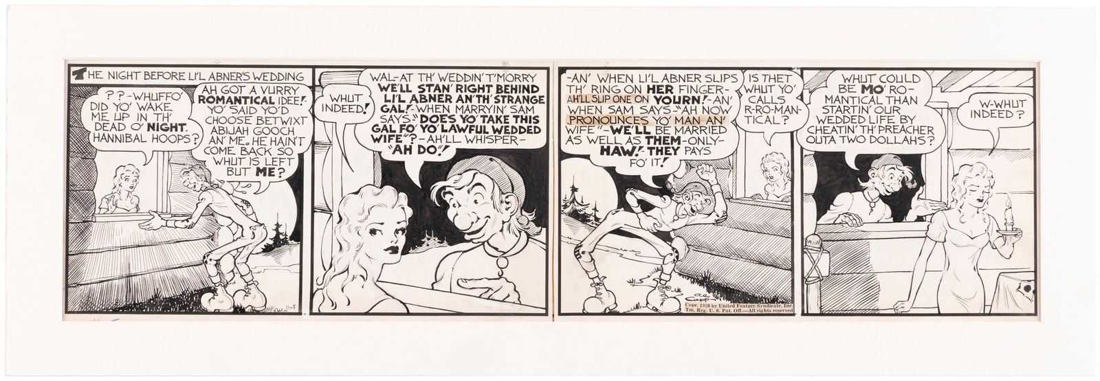 LI'L ABNER 1938 DAILY STRIP ORIGINAL ART BY AL CAPP.: Two artboards assembled for 6.75x23" overall size has Al Capp's pencil and ink original art for Nov. 5, 1938 daily strip. Strip features four panels, showing night scene w/Hannibal Hoops beseeching Da