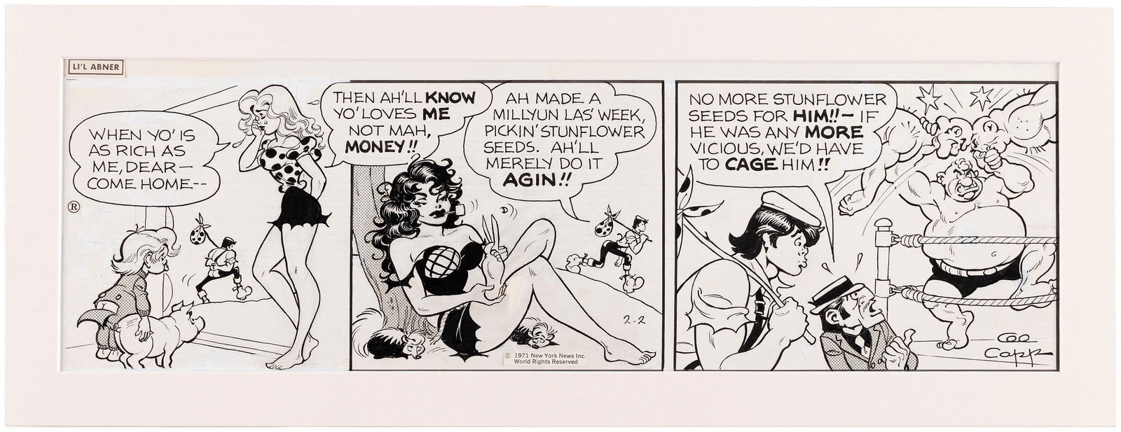 LI'L ABNER 1971 DAILY STRIP ORIGINAL ART BY AL CAPP.: 6.25x19-5/8" artboard has Al Capp's pencil and ink original art w/screentone accents (and some white correctional fluid) for Feb. 2, 1971 daily strip. Strip features three panels, showing Abner leavin