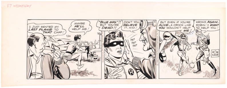 BATMAN WITH ROBIN THE BOY WONDER 1968 DAILY STRIP ORIGINAL ART ATTRIBUTED TO JOE GIELLA.: 7.5x19-7/8" Craftint artboard has pen and ink original art for Jan. 24, 1968 Batman daily strip. Art bears "Bob Kane" artist signature, but it is well known that Kane did not actually work on these st