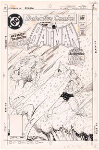 DETECTIVE COMICS #522 COMIC BOOK COVER COVER ORIGINAL ART BY JIM APARO.: 11.25x17" DC Comics Sparta artboard features pen and ink original art for cover to Detective Comics #522, published by DC, Jan. 1983. Art is by longtime Batman artist Jim Aparo (1932-2005) w/inks by A
