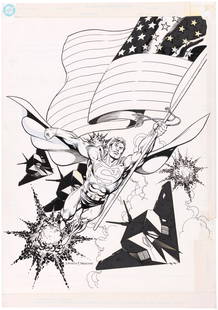 SUPERMAN: THE MAN OF STEEL SOURCEBOOK RPG BOOK COVER ORIGINAL ART BY DAN JURGENS.: 11-5/8x16.5" DC Comics artboard features pen and ink original art w/screentone accents for cover to Superman: The Man Of Steel Sourcebook (second edition), part of the DC Heroes RPG published by Mayfa