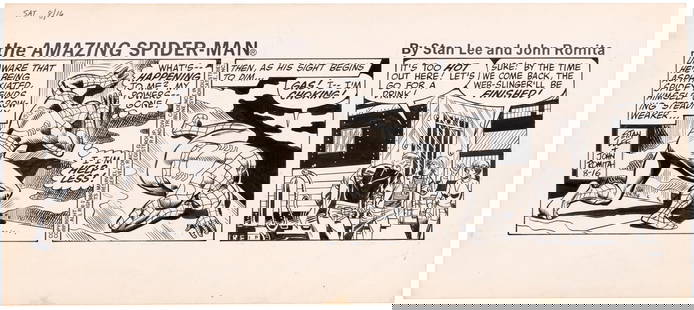 THE AMAZING SPIDER-MAN 1980 DAILY STRIP ORIGINAL ART BY JOHN ROMITA SR.: 7.25x16" art board contains three panel daily strip original art by fan favorite John Romita Sr. (1930-2023). Daily strip dated Saturday August 16, 1980. Stats at top for title "The Amazing Spider-Man