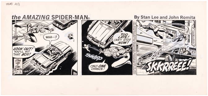 THE AMAZING SPIDER-MAN 1980 DAILY STRIP ORIGINAL ART BY JOHN ROMITA SR.: 7.25x16" art board contains three panel daily strip original art by fan favorite John Romita Sr. (1930-2023). Daily strip dated Thursday October 2, 1980. Stats at top for title "The Amazing Spider-Man