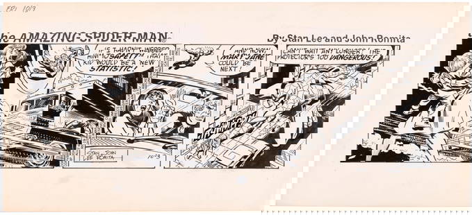 THE AMAZING SPIDER-MAN 1980 DAILY STRIP ORIGINAL ART BY JOHN ROMITA SR.: 7.25x16" art board contains three panel daily strip original art by fan favorite John Romita Sr. (1930-2023). Daily strip dated Friday October 3, 1980. Stats at top for title "The Amazing Spider-Man"