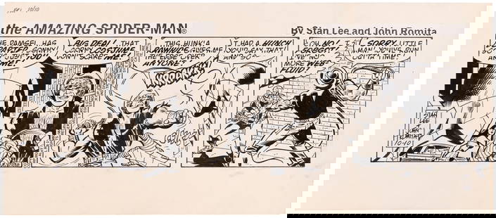 THE AMAZING SPIDER-MAN 1980 DAILY STRIP ORIGINAL ART BY JOHN ROMITA SR.: 7.25x16" art board contains three panel daily strip original art by fan favorite John Romita Sr. (1930-2023). Daily strip dated Friday October 10, 1980. Stats at top for title "The Amazing Spider-Man"