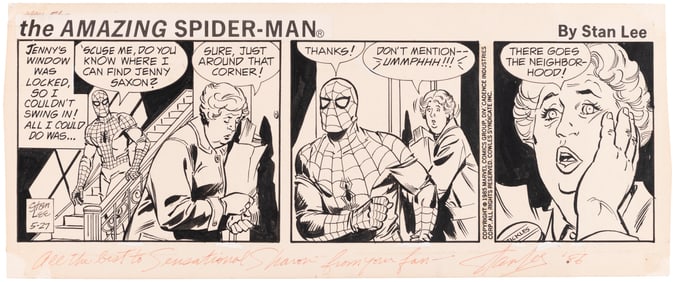 THE AMAZING SPIDER-MAN 1985 DAILY STRIP ORIGINAL ART BY LARRY LIEBER & SIGNED BY STAN LEE.