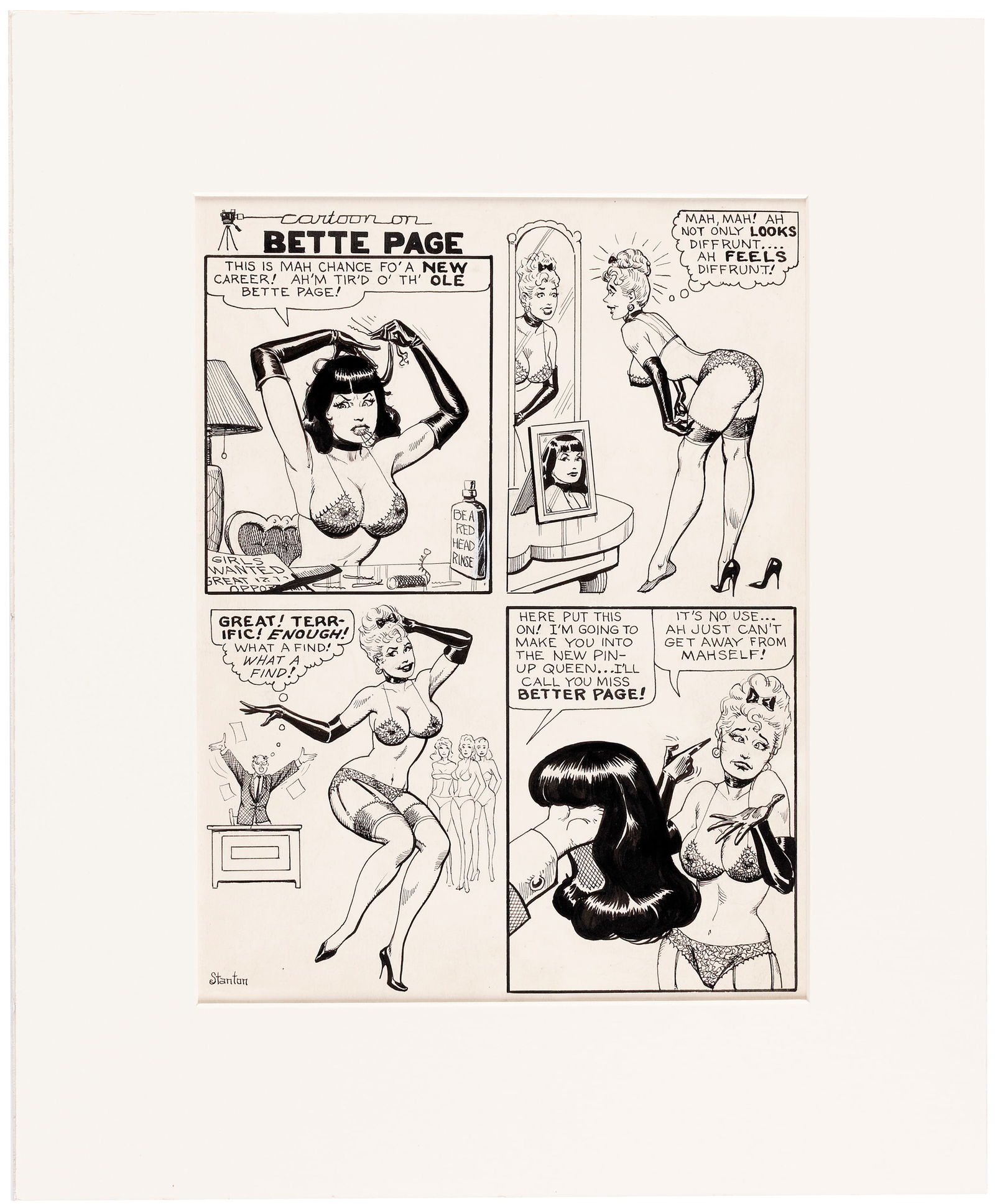 BETTY PAGE PRIVATE PEEKS CARTOON ORIGINAL ART BY ERIC STANTON.: 9-5/8x12.5" artboard features pen and ink original art for one-page cartoon titled "Cartoon On Bette Page" (spelling was corrected to "Cartoon On Bettie Page" for publication), published in Betty Page