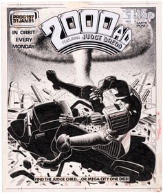 JUDGE DREDD - 2000 AD PROG 197 COMIC MAGAZINE COVER ORIGINAL ART BY BRIAN BOLLAND.