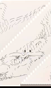 BUGS BUNNY ORIGINAL ART SKETCH BY FRIZ FRELENG.: 6-3/8x11" comic backing board has black ink original art sketch of Bugs Bunny by Friz Freleng (1905-1995), the famed Warner Bros. animator who is also known for his work w/the Pink Panther.Â