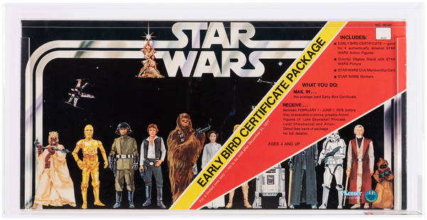 STAR WARS (1977) - EARLY BIRD CERTIFICATE PACKAGE AFA 90 NM+/MINT.: Stiff illustrated cardboard envelope containing sealed kit which was available for limited time and marked "Not To Be Sold After December 31st, 1977." Created by Kenner to satisfy the Christmas 1977 d