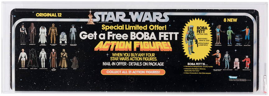 STAR WARS (1979) - "GET A FREE BOBA FETT" LONG DISPLAY HEADER AFA 80+ NM (VERY RARE, 1 OF 4 GRADED).: AFA graded and encapsulated double-sided 12x36" long cardboard header display features "Star Wars" logo at top center w/classic image of Luke Skywalker and Princess Leia. Left side of sign shows photo