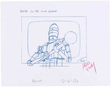 STAR WARS: DROIDS (1985) - IG-88 ORIGINAL ART PRODUCTION ANIMATION PENCIL LAYOUT POSE GUIDE.