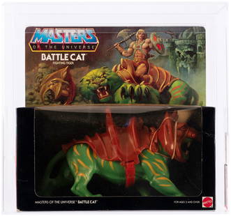MASTERS OF THE UNIVERSE (1983) - BATTLE CAT SERIES 1/12 BACK AFA 80 Y-NM.: Window box contains 9.5&#8221; long Mattel figure. Window is yellow. AFA subgrades are as follows - B80 W80 F85.